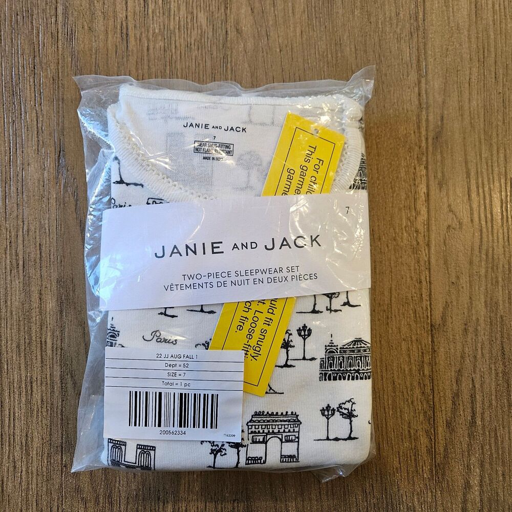 Janie and Jack Black and White Paris Pajamas Two Piece Set 100% Cotton Size 7